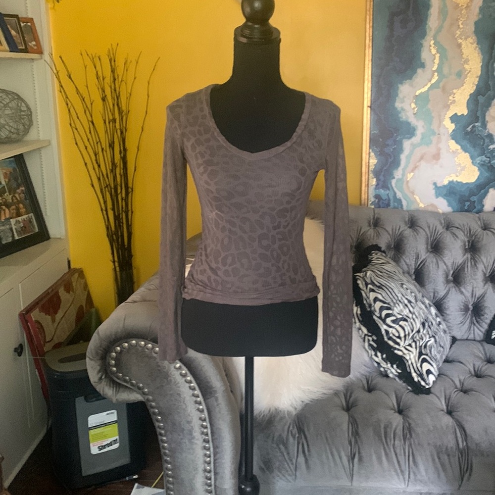 Gray sheer leopard print long sleeve shirt